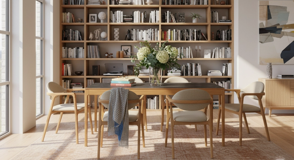 Table salle à manger en chêne et céramique 6 personnes avec bois teinte naturelle et plateau céramique effet ardoise 160x100 cm