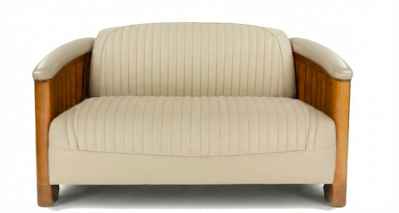 Canapé club bois et cuir 2 places beige