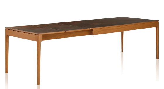 Table extensible 8 à 12 personnes en chêne et céramique allonges céramique avec bois teinte merisier et plateau et allonges céramique brun oxydé 180x100 cm