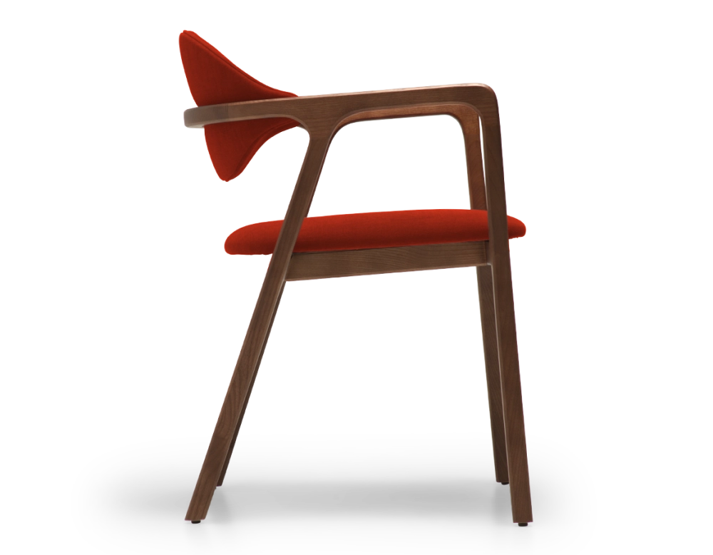 Designer armchair dark brown stained wood and burnt orange fabric