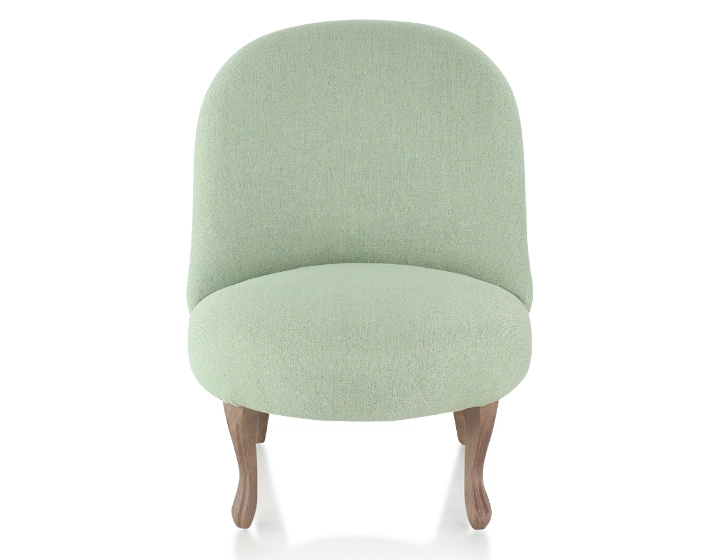 Fauteuil crapaud sans accoudoirs pieds bois teinte noyer et tissu vert sauge