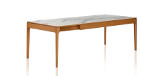 Table extensible 6 à 10 personnes en chêne et céramique allonges céramique avec bois teinte merisier et plateau et allonges céramique effet marbre blanc 160x100 cm