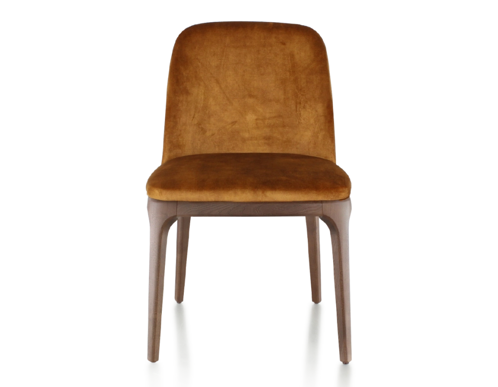 Designer chair dark brown stained wood and bronze velvet fabric