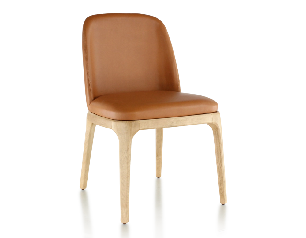 Chaise design bois teinte naturelle et cuir caramel
