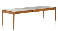 Table extensible 6 à 10 personnes en chêne et céramique allonges céramique avec bois teinte merisier et plateau et allonges céramique effet marbre blanc 160x100 cm