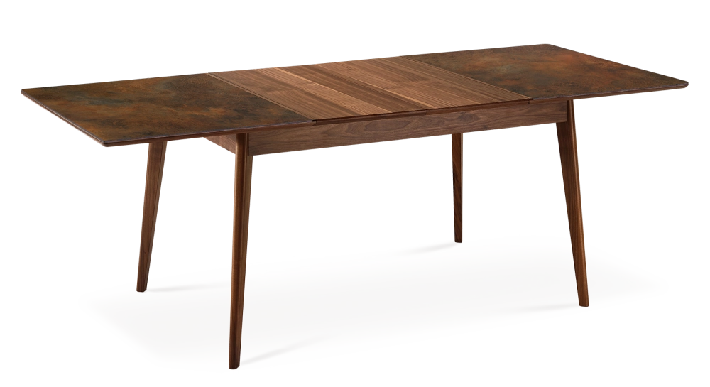 Table extensible 8 à 12 personnes en noyer et céramique allonges bois avec bois teinte naturelle et plateau céramique brun oxydé 210x100 cm