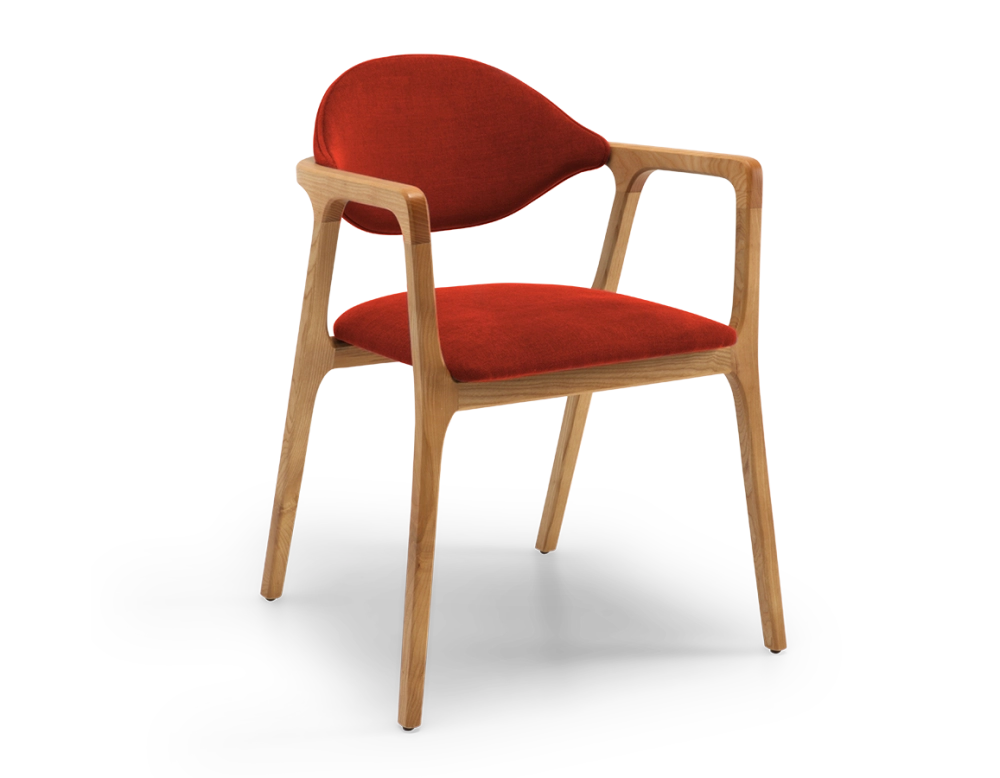 Chaise design avec accoudoirs bois teinte naturelle et tissu orange brulé