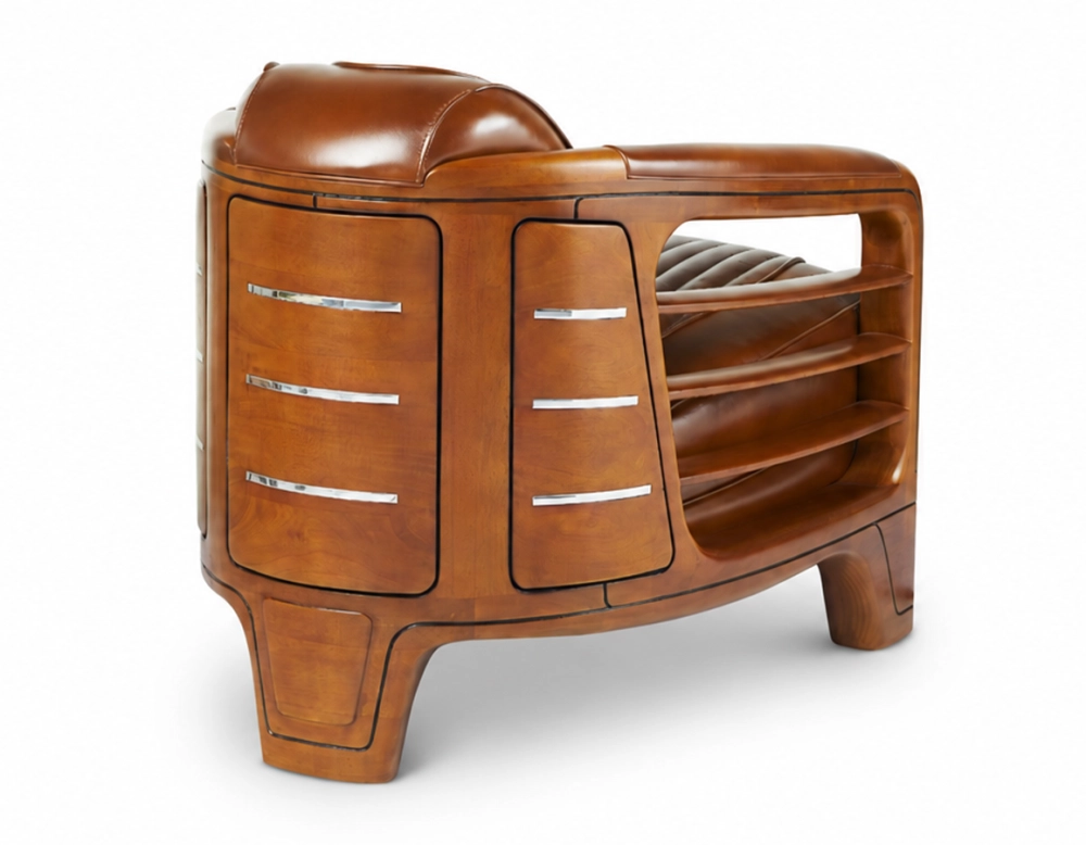 Fauteuil club bois et cuir marron vintage
