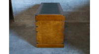 Bureau marine double caissons 9 tiroirs bois teinte merisier et cuir vert