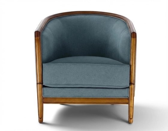 Fauteuil ancien accoudoirs moulurés bois teinte ancienne et tissu bleu océan