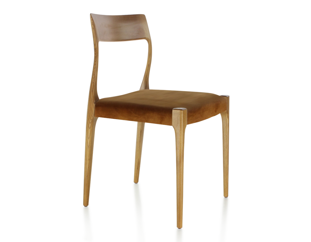 Chaise scandinave bois teinte merisier assise tissu velours bronze