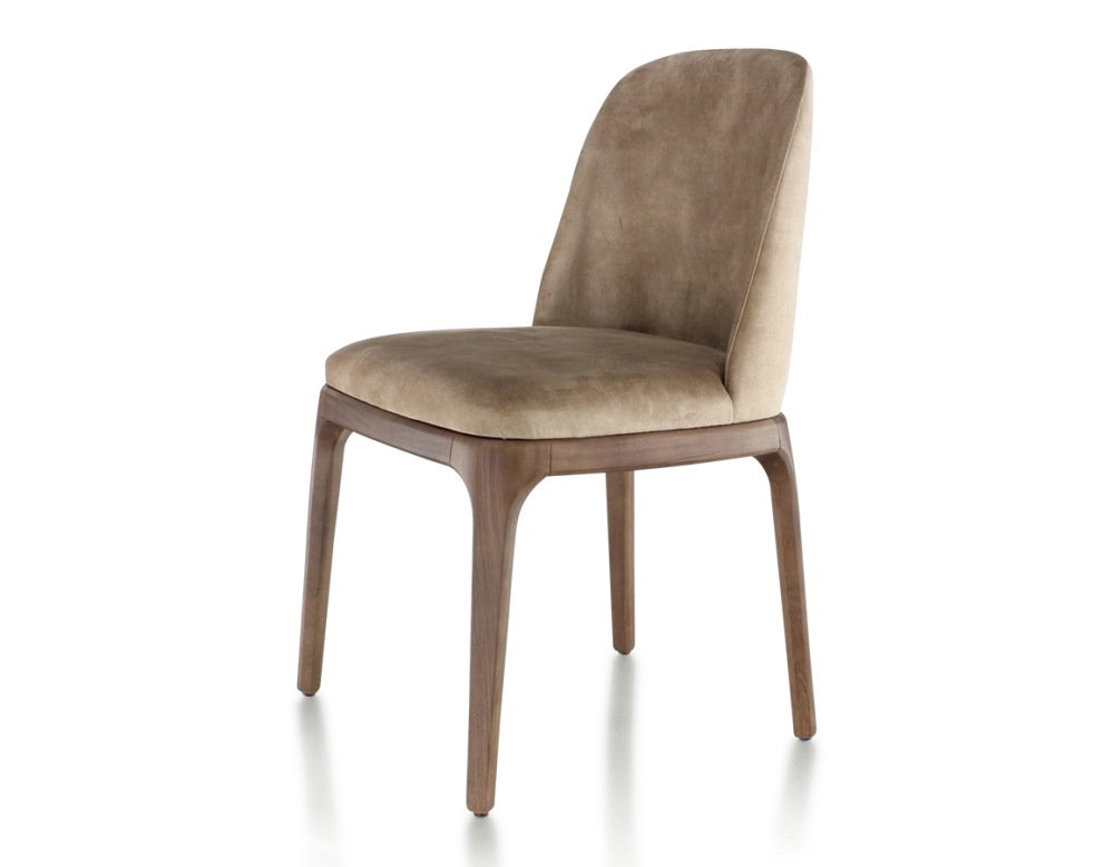 Designer chair dark brown stained wood and light taupe velvet fabric