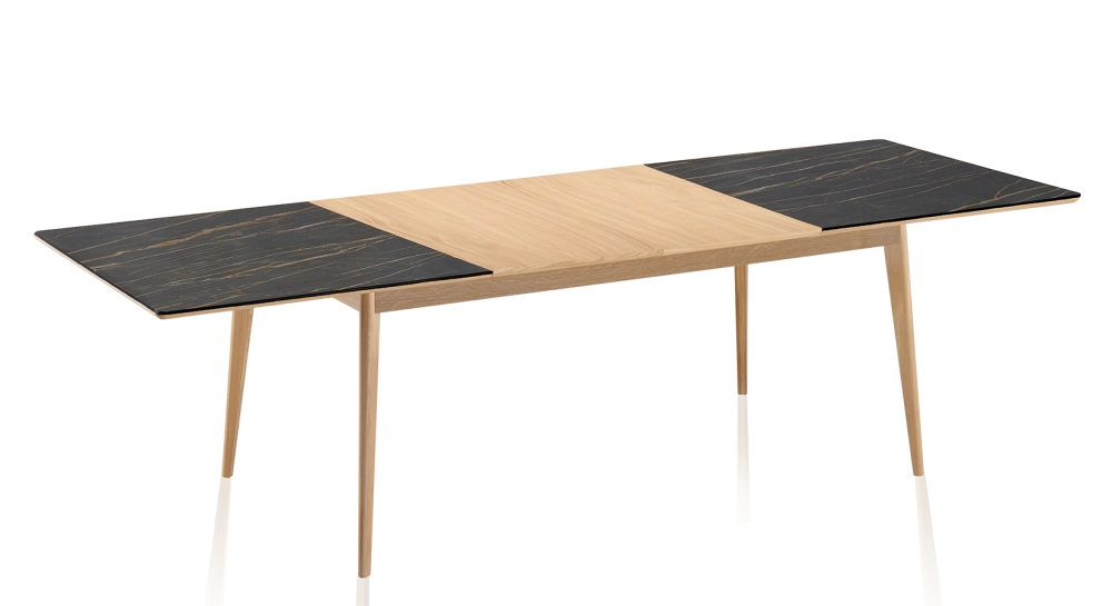 Table extensible 6 à 8 personnes en chêne et céramique allonges bois avec bois teinte naturelle et plateau céramique effet marbre noir 160x100 cm