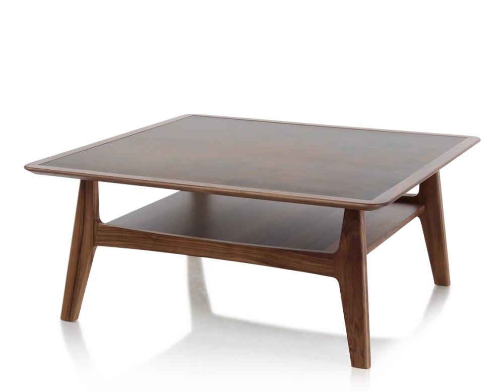 Table basse carré en noyer et céramique bois teinte naturelle plateau céramique brun oxydé 100x100 cm