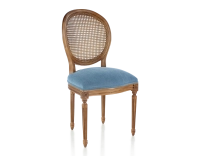 Chaise ancienne style Louis XVI bois teinte ancienne dossier canné assise tissu bleu jeans