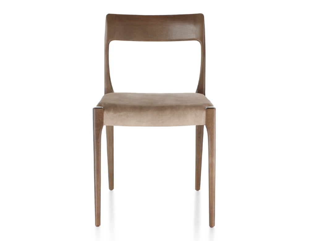 Scandinavian chair dark brown stained wood, light taupe velvet seat