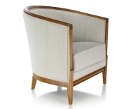 Sillón antiguo con reposabrazos moldurados madera con tinte envejecido y tejido beige natural