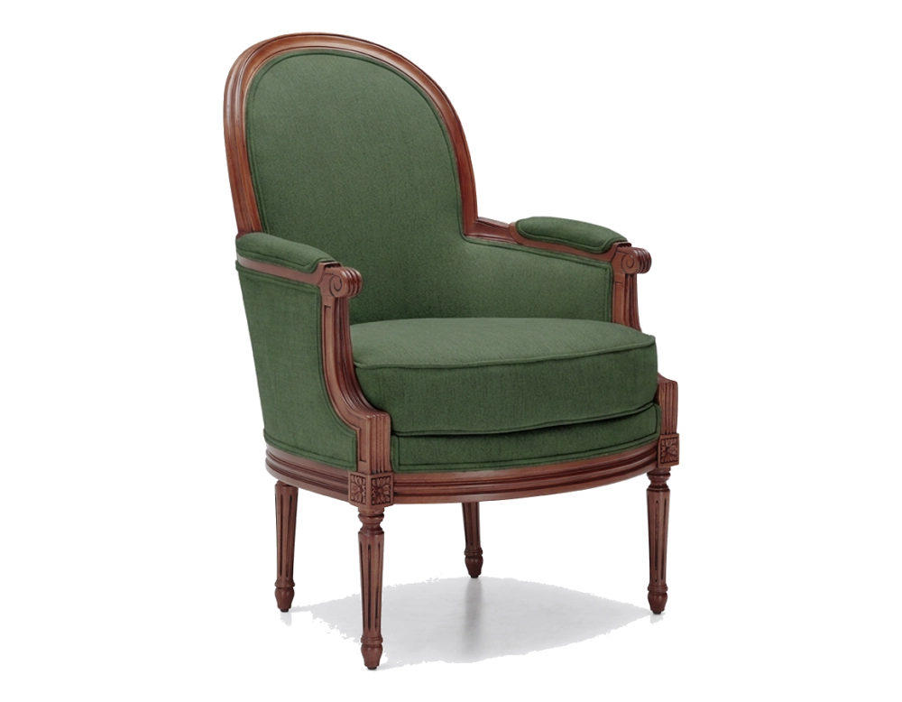 Sillón bergère moldurado estilo Luis XVI bois teinte ancienne et tissu vert foncé