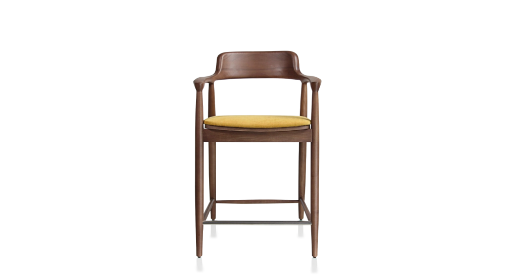 Tabouret de bar h60 cm bois teinte noyer assise tissu jaune
