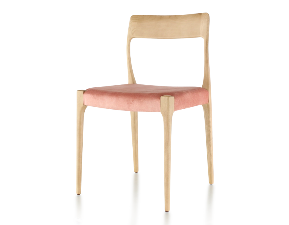Scandinavian chair wood stained natural seat pale pink velvet fabric