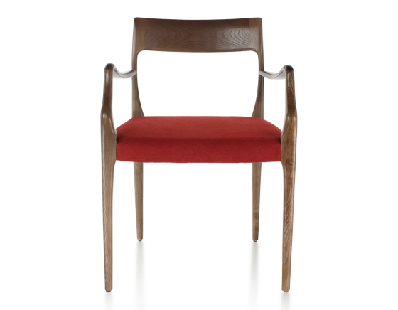 Chaise scandinave avec accoudoirs bois teinte marron foncé assise tissu bordeaux