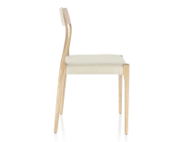 Chaise scandinave bois teinte naturelle assise tissu chevron beige