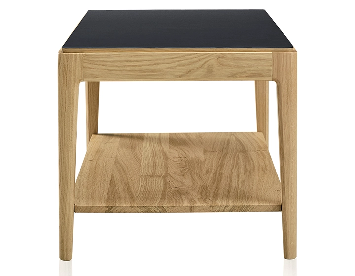 Mesa de centro rectangular de roble y cerámica con estante en madera tinte natural tablero cerámico negro liso 100x50 cm
