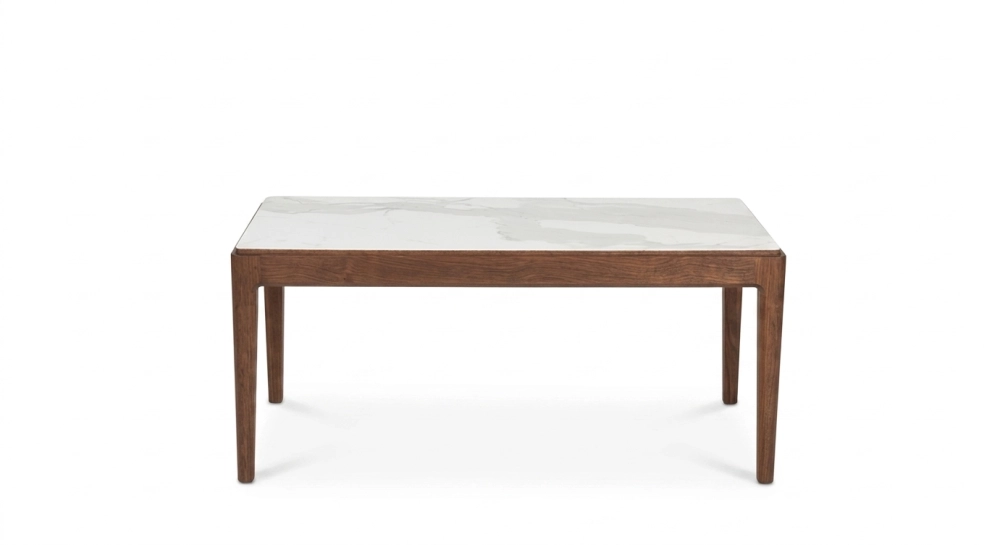Mesa de centro rectangular de roble y cerámica con madera tintada marrón oscuro tablero cerámico efecto mármol blanco 100x050 cm