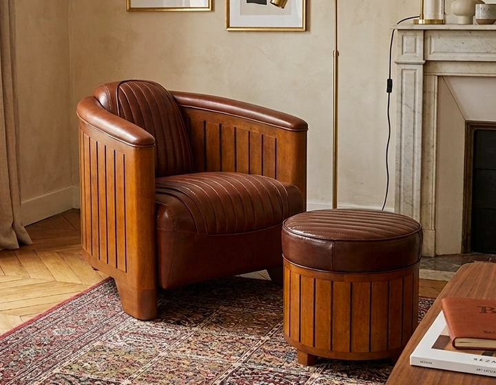 Pouf rond bois et cuir marron vintage