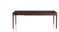 Table extensible 8 à 12 personnes en noyer et céramique allonges céramique avec bois teinte naturelle et plateau et allonges céramique noire unie 180x100 cm