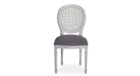 Chaise ancienne style Louis XVI dossier canné bois teinte cérusée blanche et tissu taupe