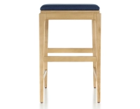 H60 cm designer bar stool natural tint wood, navy blue fabric seat