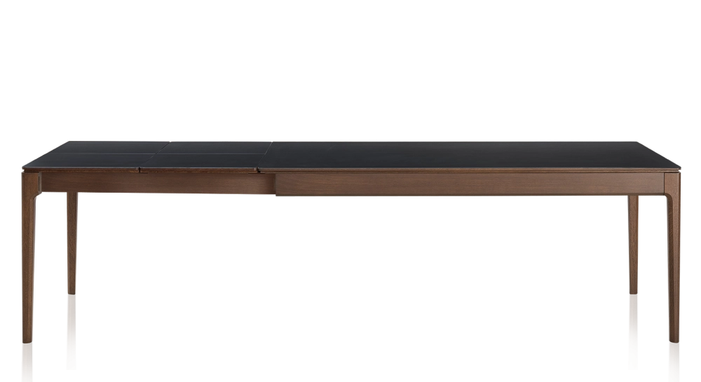 Table extensible 8 à 12 personnes en chêne et céramique allonges céramique avec bois teinte marron foncé et plateau et allonges céramique noire unie 180x100 cm