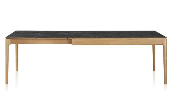 Table extensible 8 à 12 personnes en chêne et céramique allonges céramique avec bois teinte naturelle et plateau et allonges céramique effet marbre noir 210x100 cm