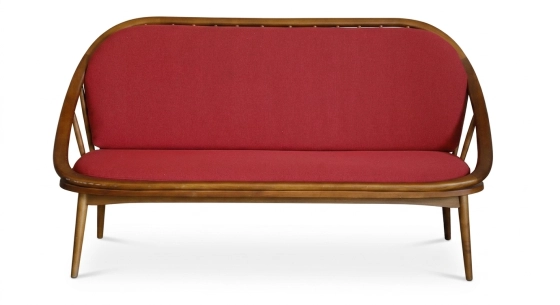 Canapé scandinave 2 places bois teinte merisier et tissu rouge