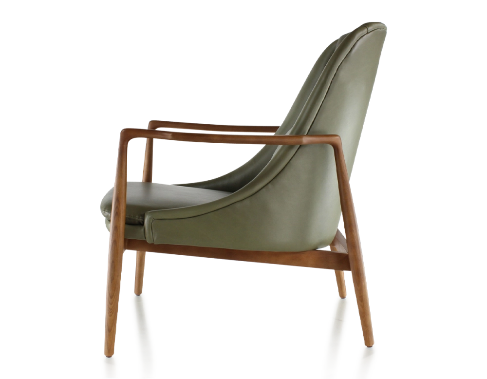 Fauteuil design bois teinte merisier et cuir vert kaki