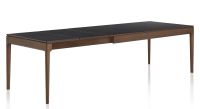 Extendable oak and ceramic table for 6 to 10 people with ceramic extensions with dark brown stained wood and plain black ceramic top and extensions 140x90 cm