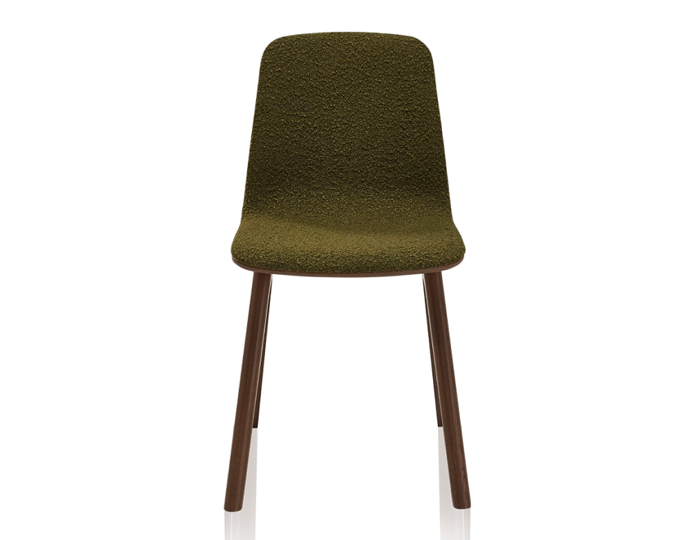 Chaise design en chêne tapissé bois teinte marron foncé assise tissu bouclé vert