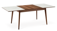 Extending table for 8 to 12 people in walnut and ceramic with wooden extensions with natural stained wood and black marble effect ceramic top 180x100 cm