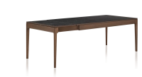 Table extensible 8 à 12 personnes en chêne et céramique allonges céramique avec bois teinte marron foncé et plateau et allonges céramique effet ardoise 210x100 cm