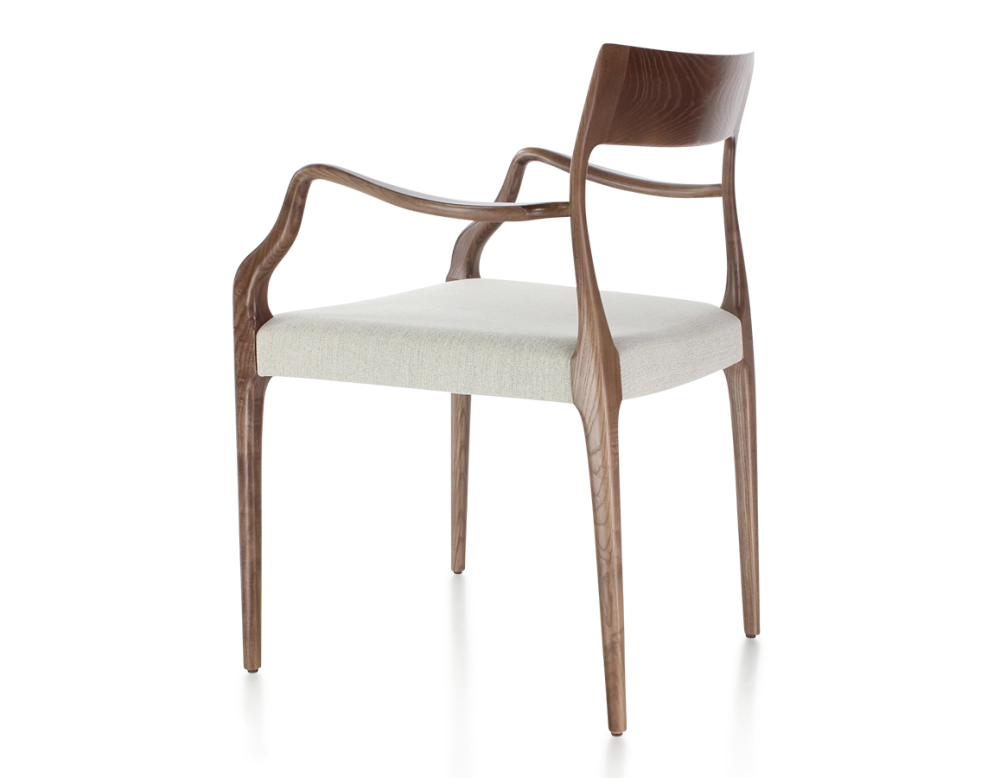Scandinavian armchair with armrests wood stained dark brown seat natural beige fabric