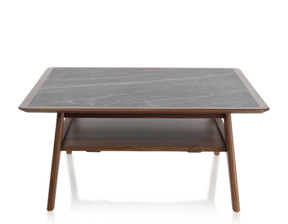 Table basse carré en noyer et céramique bois teinte naturelle plateau céramique effet marbre noir 100x100 cm