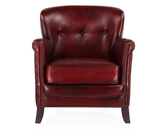 Fauteuil club cuir rouge carmin accoudoirs cloutés