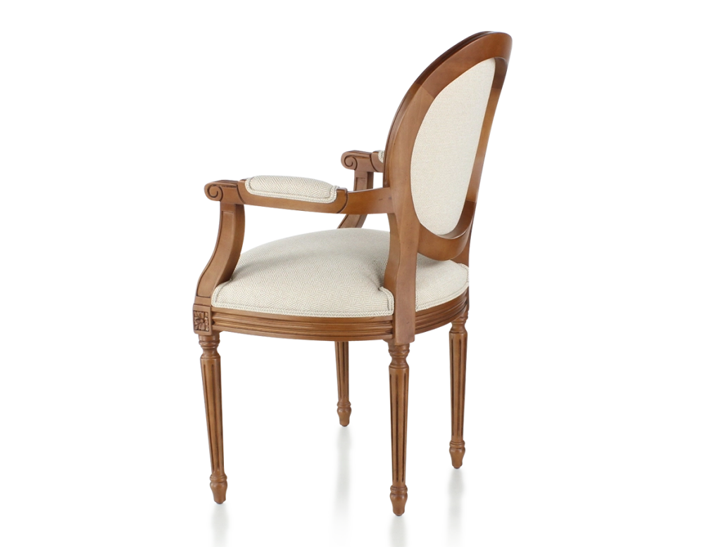 Antique Louis XVI style armchair with armrests wood stained in antique style and beige chevron fabric
