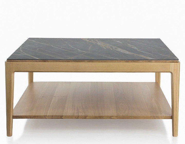 Square coffee table in oak and ceramic with shelf in natural stained wood, black marble effect ceramic top 100x100 cm