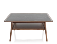 Table basse carré en noyer et céramique bois teinte naturelle plateau céramique effet ardoise 100x100 cm