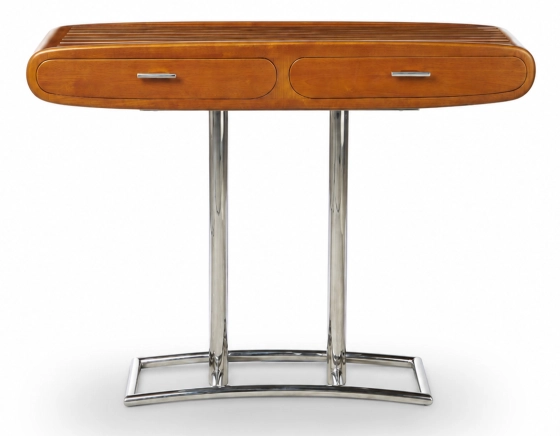 Console art déco double tiroirs métal et bois teinte merisier