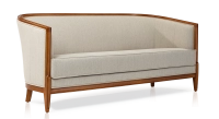 Canapé ancien 3 places accoudoirs moulurés bois teinte ancienne et tissu beige naturel