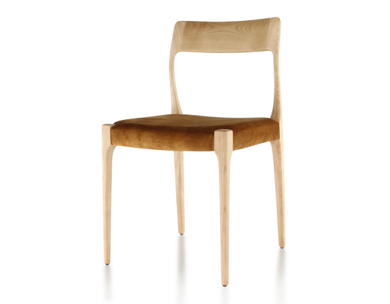 Scandinavian chair natural stained wood, bronze velvet fabric seat