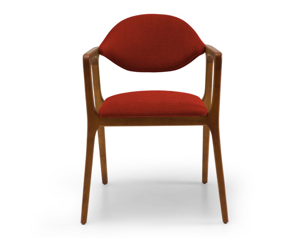 Chaise design avec accoudoirs bois teinte merisier et tissu orange brulé